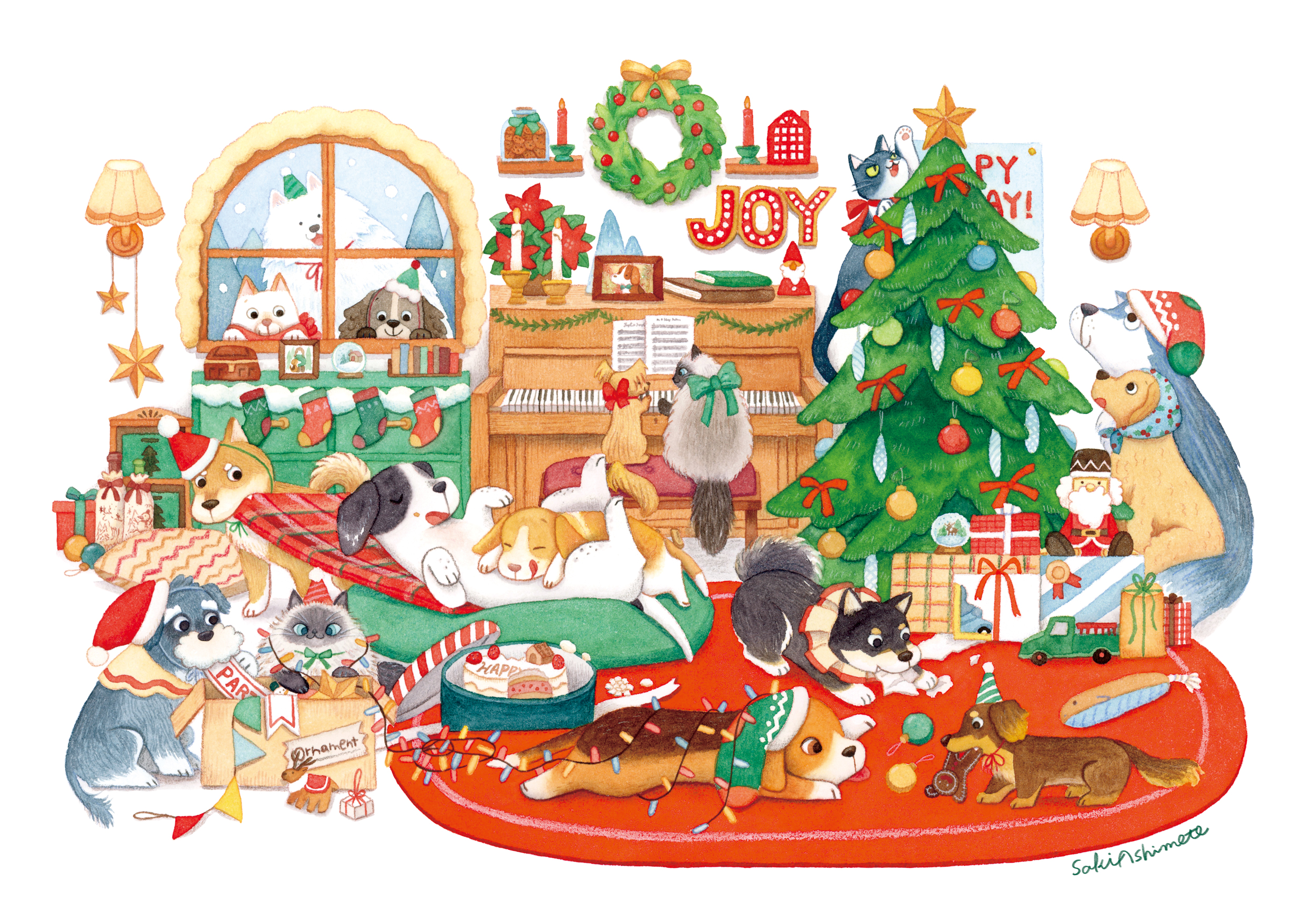 12月／Happy Holidays!：ビーグル・たくさんの犬と猫

