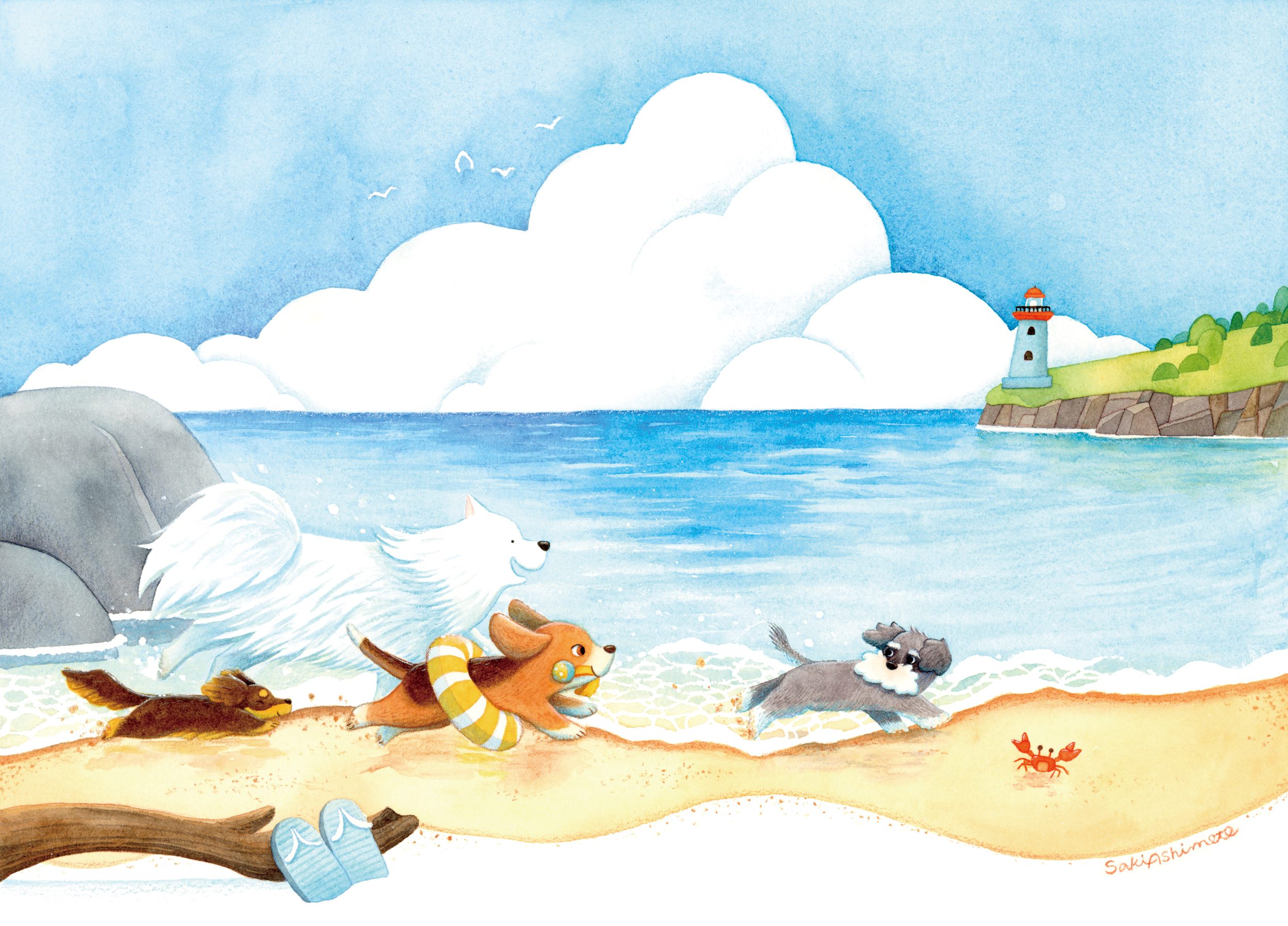 ８月／浜辺の思い出：ビーグル、シュナウザー、サモエド、ダックスフンド